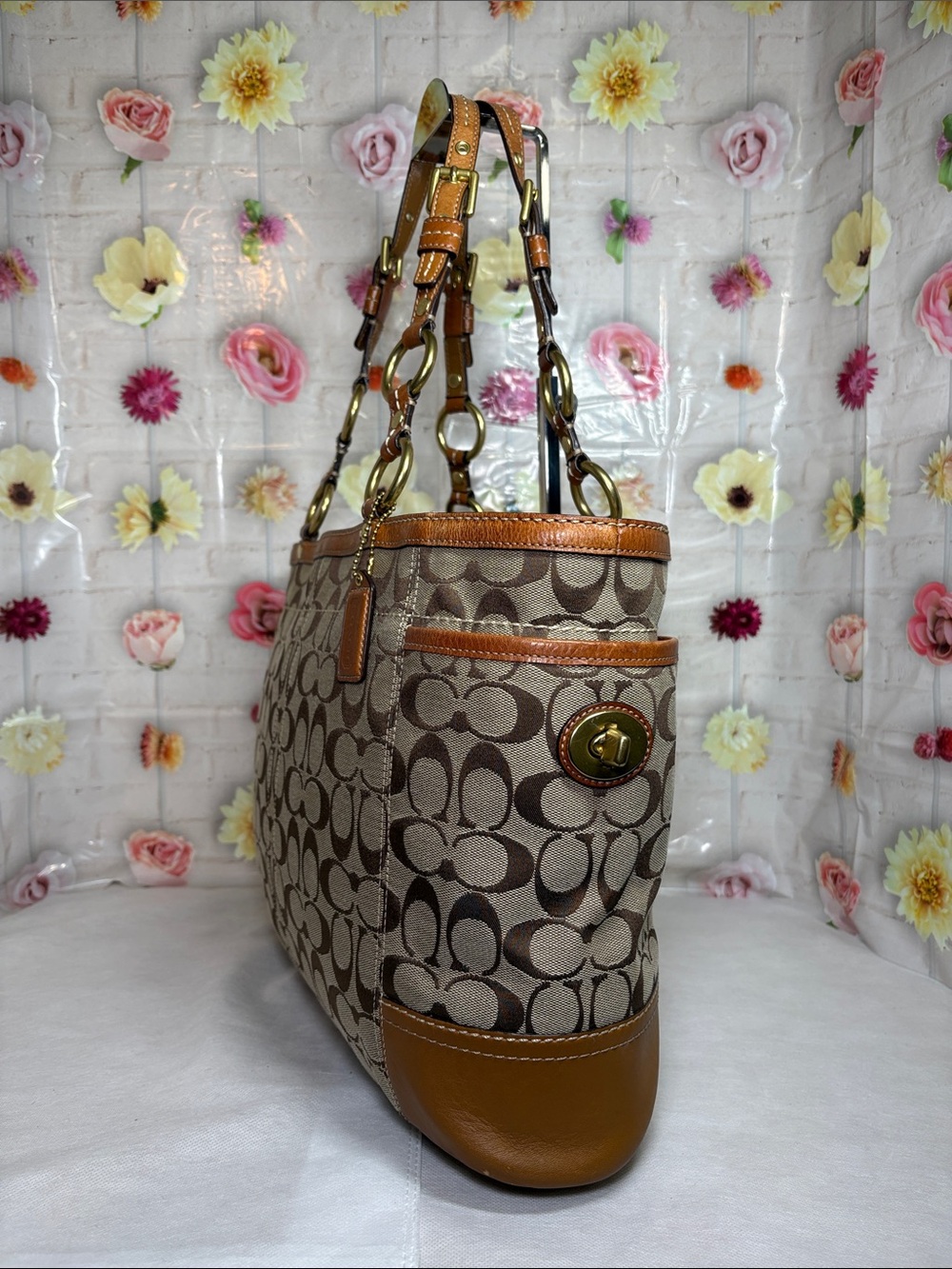 2007 Coach Brass Turnlock Buckle Straps Signature Canvas Camel Leather 15x11x4 - Picture 6 of 15
